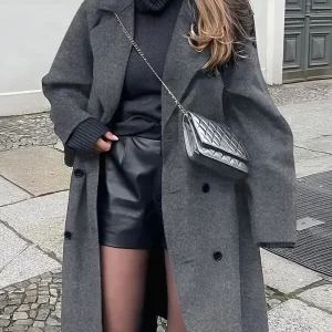 Women's Long Woolen Coat, Casual Loose-Fitting Overcoat with Double Button Front, Fall & Winter Fashion Outerwear for Women