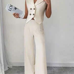 Two Pieces Set Women's Solid Color Button Front Sleeveless Top and Wide Leg Pants Casual Fashion Cozy Set for Daily Wear
