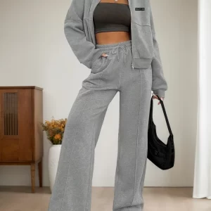 Two-Piece Set Women's Letter Patched Mock Neck Zip Up Bomber Jacket Pocket Drawstring Waist Sweatpants, Casual Fashion Outfits