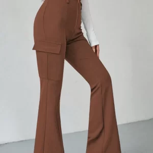 Women's High Waist Fleece Lined Flare Pants, Autumn Winter Casual Side Pocket Zipper Design, Ladies Tight Fit Long Trousers