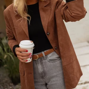Women's Suede Loose Coat, Elegant Fall & Winter Buttoned Blazer Jacket, Plain Pattern, Moderate Fabric Thickness, Loose Fit