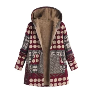 Women's Ethnic Pattern Hooded Jacket Zip-Up Front Casual Long Sleeve Coat with Pockets for Fall And Winter Outerwear