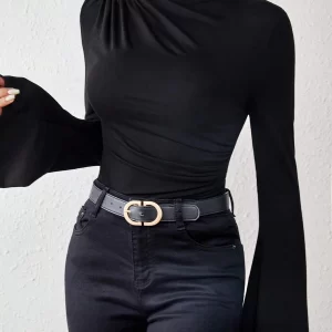 Women's Plain Crop Tee with Lettuce Trim, Mock Neck Long Sleeve Flounce Sleeve T-shirt for Fall & Winter, Skinny Fit Daily Wear