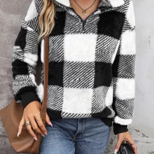 Women's Plaid Print Half Zip Drop Shoulder Fuzzy Sweatshirt, Casual Long Sleeve Collared Pullover for Fall and Winter