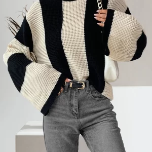 Women's Colorblock Drop Shoulder Knit Top, Casual Long Sleeve Round Neck Knitwear for Spring and Fall, Women's Knit Clothing