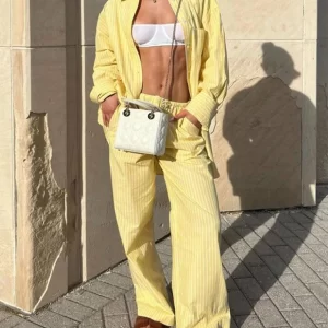 Women's Striped/pure Color Ultra-Loose Shirt Pants Set, Thin Button Front Shirt Wide Leg Pants Two-Piece for Casual Wear